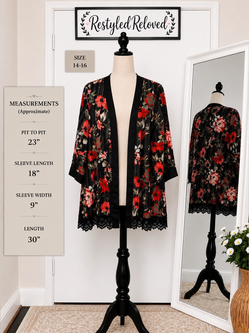 Avenue Black & Red Floral Lace-Trim Kimono Cardigan | Size 14–16